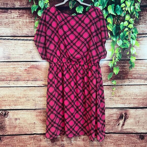 Torrid Berry Plaid Chiffon Scoop Neck Mini Midi Dress Womens 2 2X Lined Sundress - Picture 2 of 6